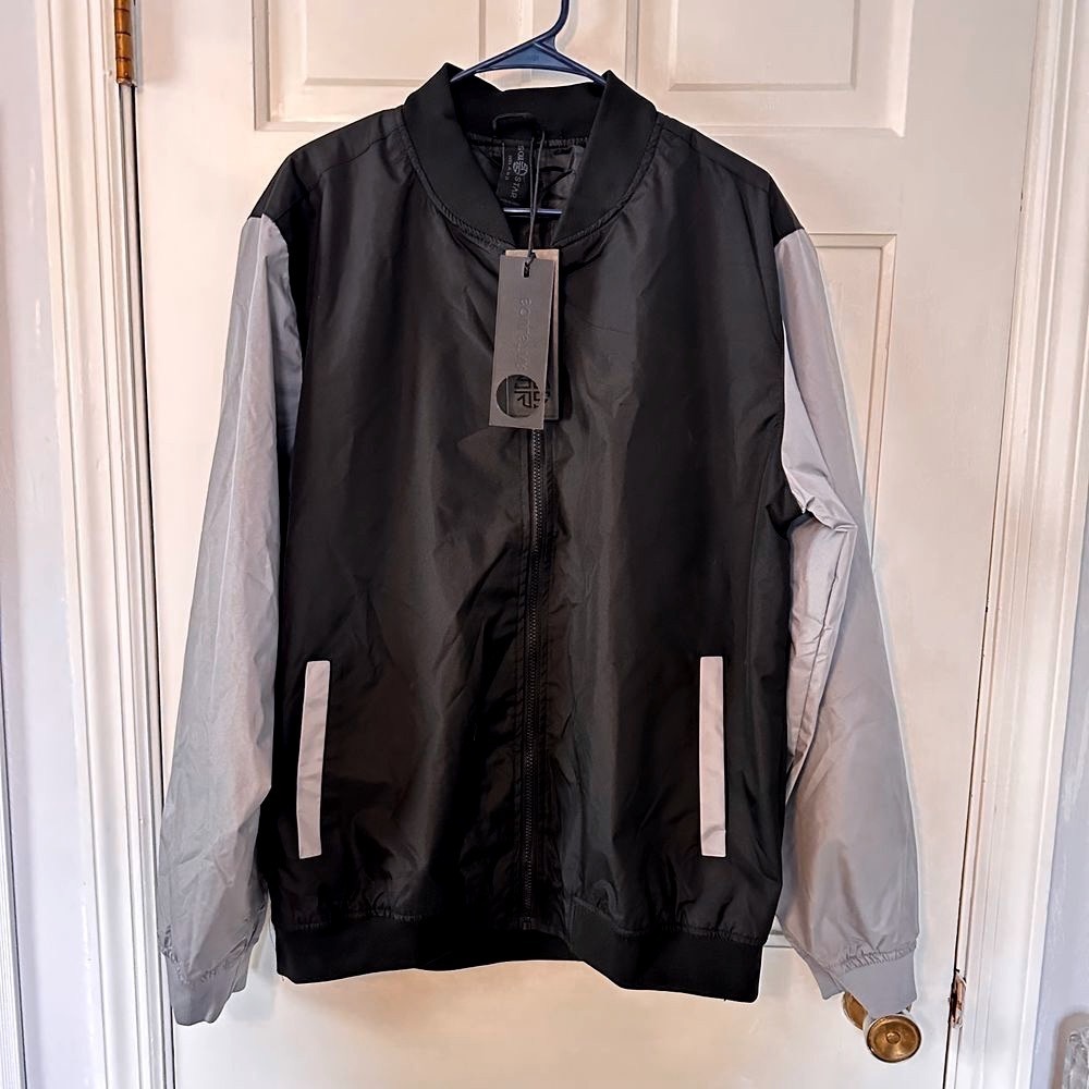 Soul‎ Star Mens XL Bomber Jacket Black Grey Colorblock Full Zip NWT Lightweight